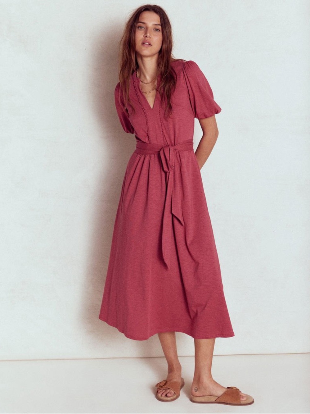 Boden Sofia Trim Jersey Midi Dress in Terracotta Red